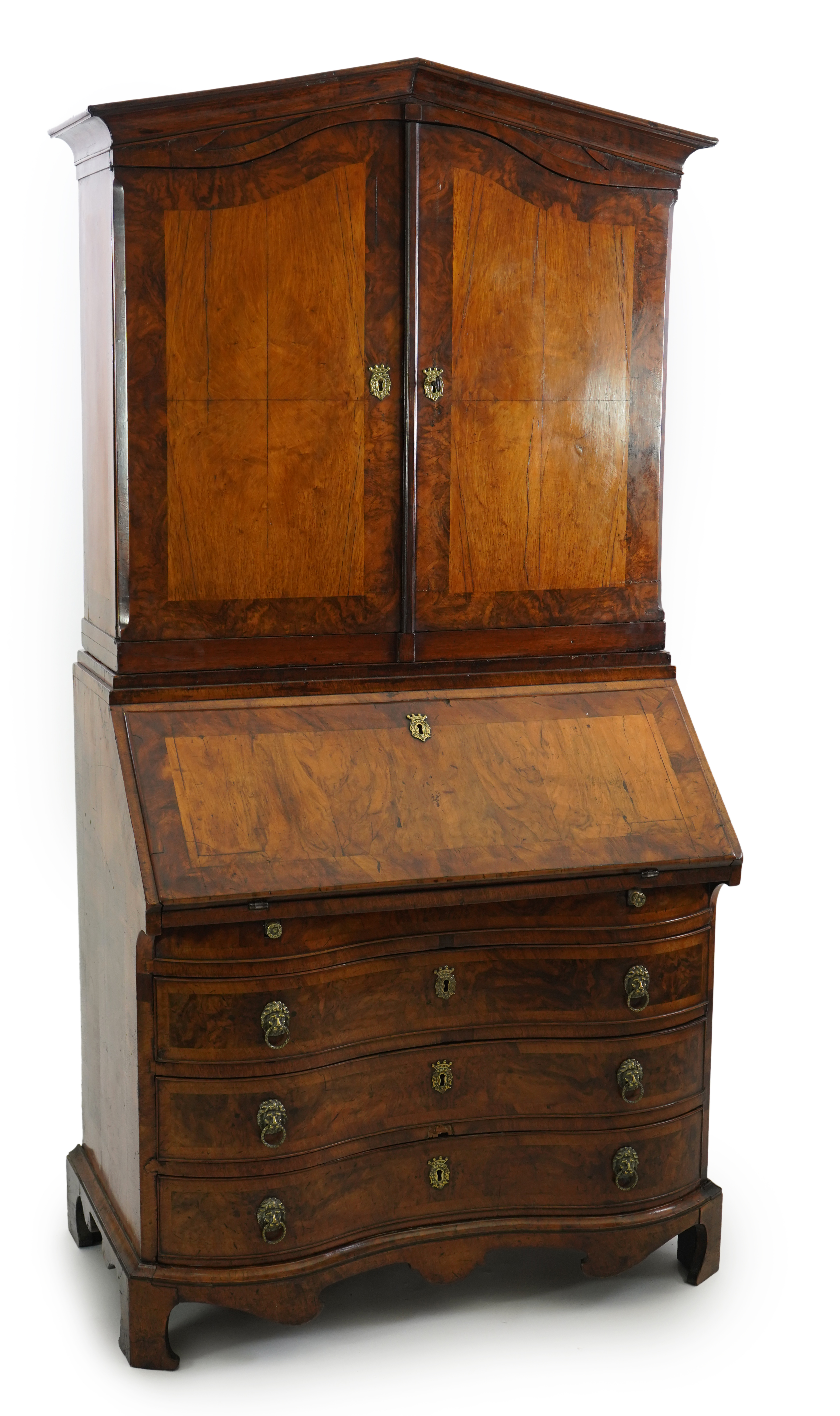 A late 18th century South German walnut bureau bookcase